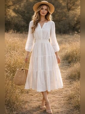 NWT *With Flaws* Merokeety White Long Sleeve Tiered Boho Maxi Dress